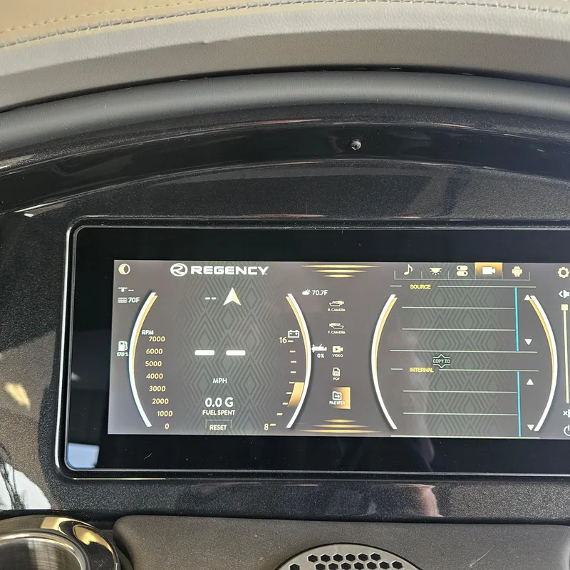 Slide: The Image of 2024 Regency 250 LE3 Sport dashboard display showing speed, RPM, and various controls. - 21