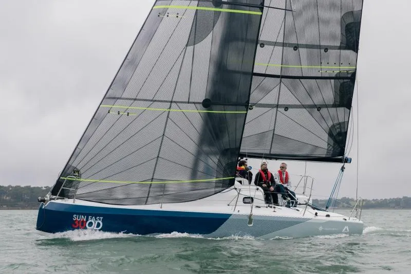 Slide: The Image of 2024 Jeanneau Sun Fast 30 One Design sailboat on water, featuring sleek design and modern sails. - 17