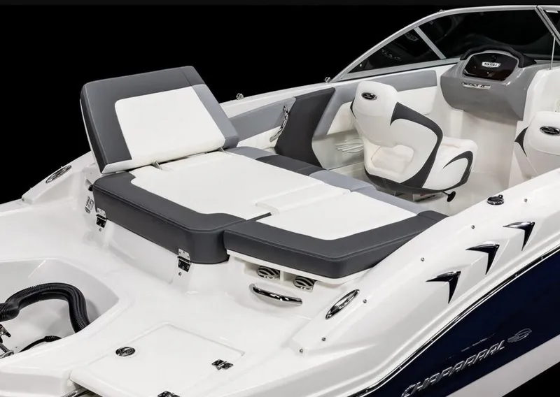 Slide: The Image of 2024 Chaparral 19 SSI O.B. boat interior with white and gray seating. - 3