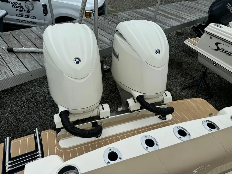 Slide: The Image of 2025 Scout 260 LXF boat with twin Yamaha outboard engines. - 48