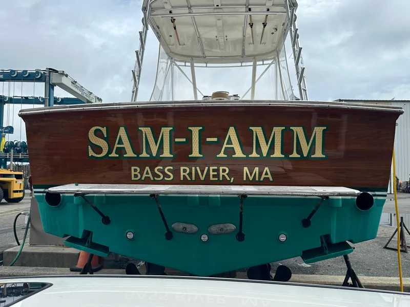 Slide: The Image of Stolper 38 boat SAM-I-AMM docked at Bass River, MA, 2004 model. - 5