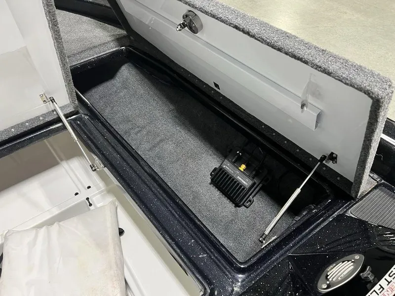 Slide: The Image of 2022 Phoenix 919 Pro XP boat storage compartment with open lid and hydraulic supports. - 14