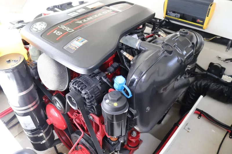 Slide: The Image of 2013 Cobalt A28 boat engine compartment with Volvo Penta V8 engine. - 14