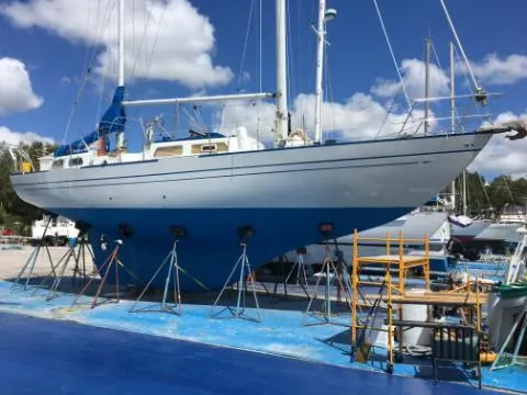 Slide: The Image of 1969 Spencer 44 CC sailboat on dry dock for maintenance. - 1