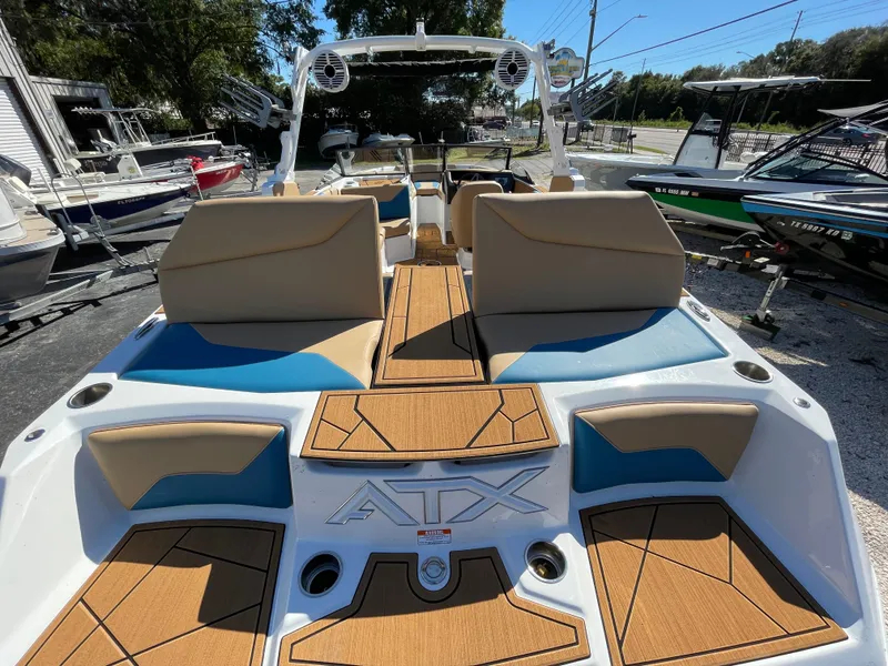 Slide: The Image of 2024 ATX Surf Boats 24 Type-S, rear view, showcasing seating and deck. - 9