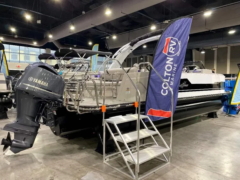 Slide: The Image of 2024 SunChaser Calais 23 SB DC pontoon boat displayed at Colton RV Marine showroom. - 4