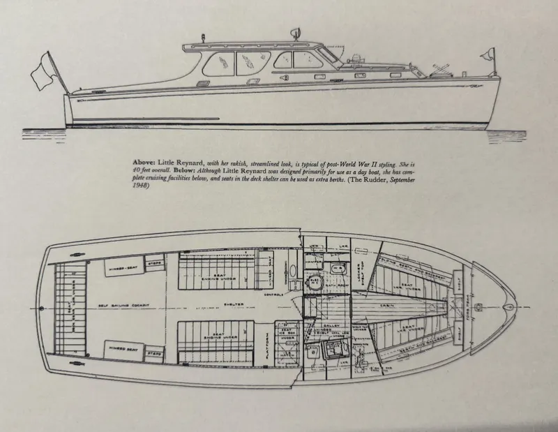 Slide: The Image of Blueprint of 1947 Rhodes Nevins Picnic Boat, featuring side and top views with detailed layout. - 20