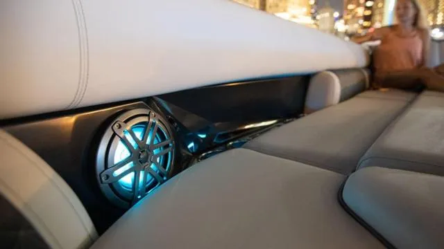 Slide: The Image of 2024 Harris 250 Grand Mariner V10 400 interior with modern seating and stylish flooring. - 21