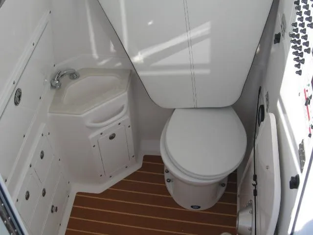 Slide: The Image of 2024 Edgewater 325 CC boat bathroom with sink and toilet. - 11