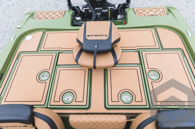Slide: The Image of 2024 Caymas XS 20 Pro boat deck with tan and green accents. - 35