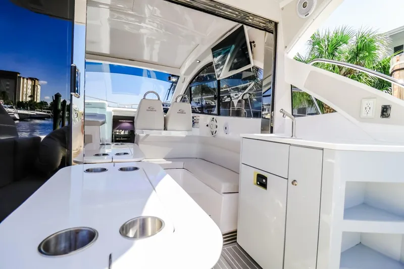Slide: The Image of Luxurious interior of 2021 Evolve 400HT yacht with sleek seating and modern amenities. - 7