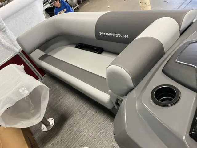 Slide: The Image of 2024 Bennington 22 SVSR-SPS boat seating, gray and white upholstery. - 9