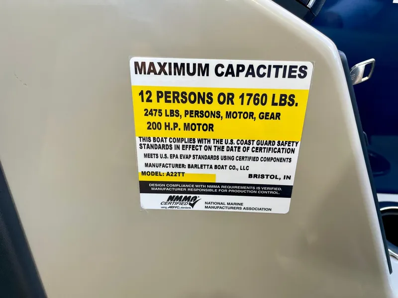 Slide: The Image of 2024 Barletta ARIA 22QC capacity label: 12 persons or 1760 lbs, 200 HP motor. - 37