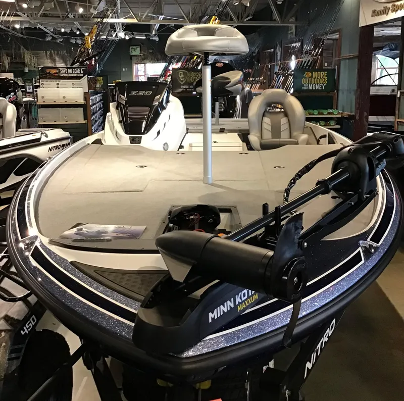 Slide: The Image of 2024 Nitro Z20 boat with Minn Kota trolling motor in showroom. - 3
