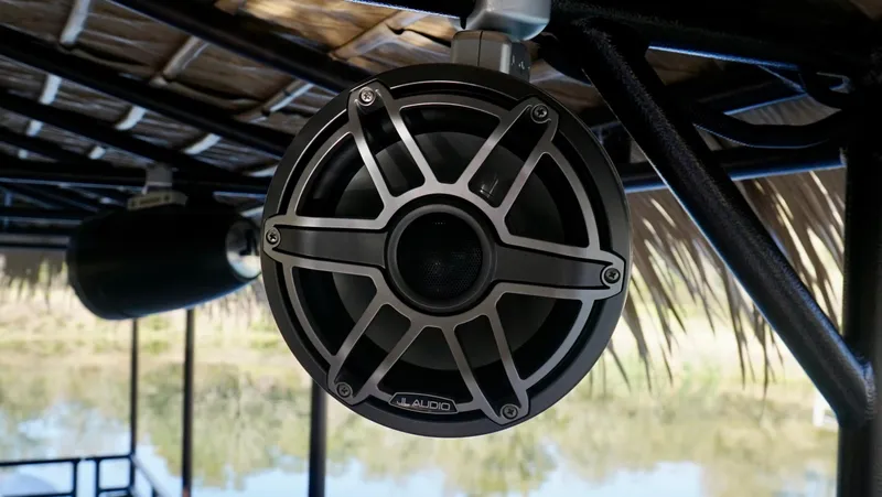 Slide: The Image of Close-up of A&M Manufacturing BullDog 34 speaker, 2024 model, mounted outdoors. - 3