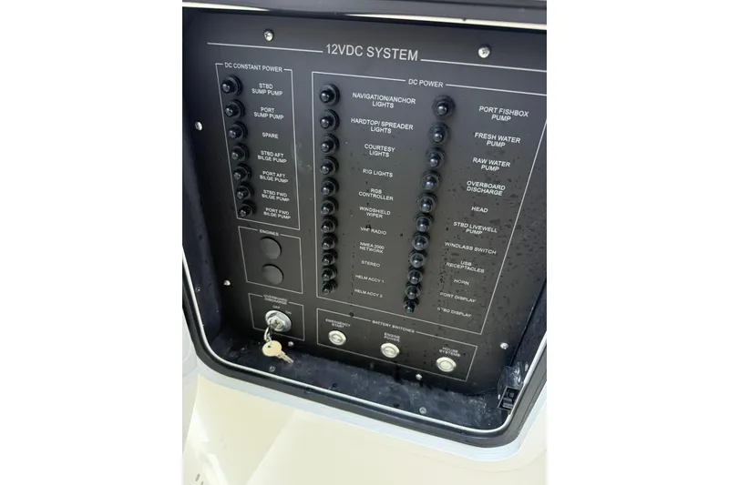 Slide: The Image of 2025 World Cat 260 DC-X 12VDC system panel with various switches and controls. - 25