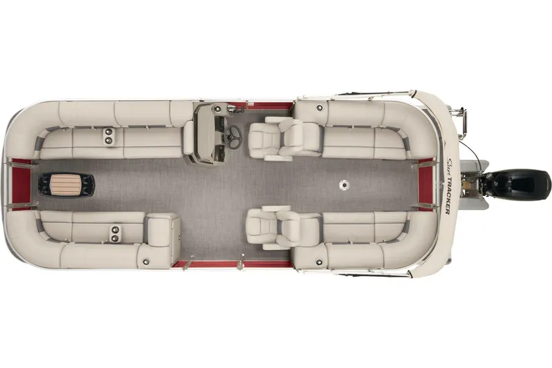 Slide: The Image of 2024 Sun Tracker Party Barge 24 DLX with spacious seating and canopy, parked outdoors. - 6