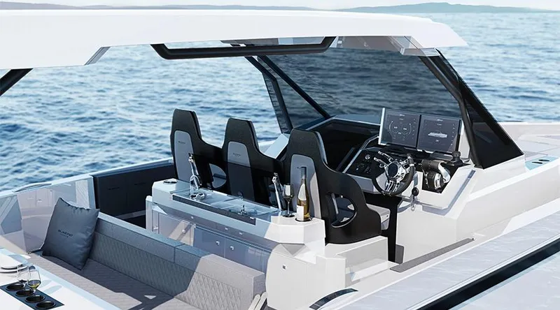 Slide: The Image of Interior of 2024 De Antonio Yachts D32 OPEN, featuring modern seating and elegant design. - 3