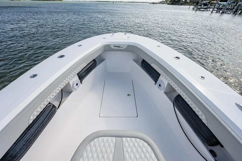 Slide: The Image of 2021 Front Runner 36 Center Console boat bow on water. - 6