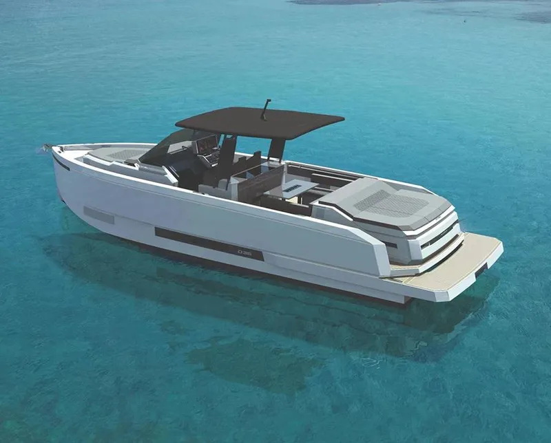 Slide: The Image of 2025 De Antonio Yachts D36 OPEN on clear blue water, showcasing sleek design and modern features. - 1