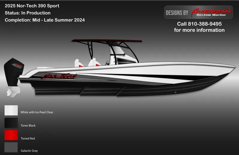 Slide: The Image of 2025 Nor-Tech 390 Sport boat in production, available mid-late summer 2024. Contact 810-388-9495. - 32
