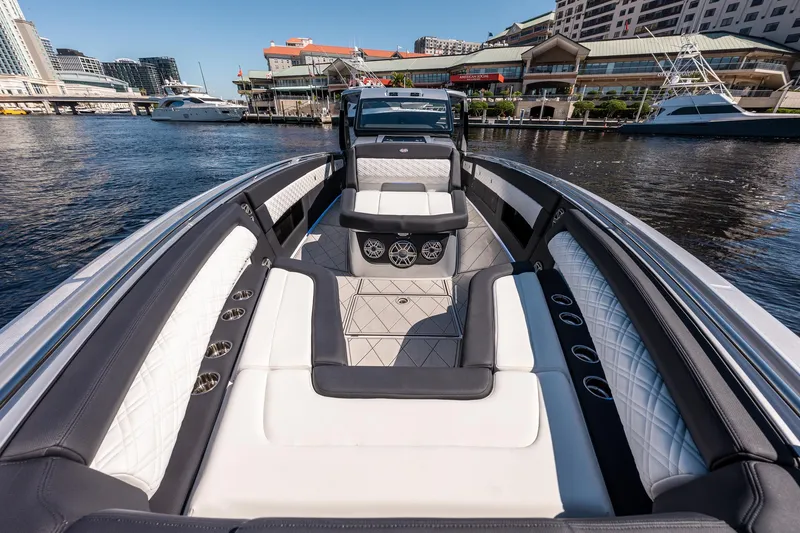 Slide: The Image of 2022 Cigarette 41 Nighthawk luxury boat interior with waterfront view. - 6