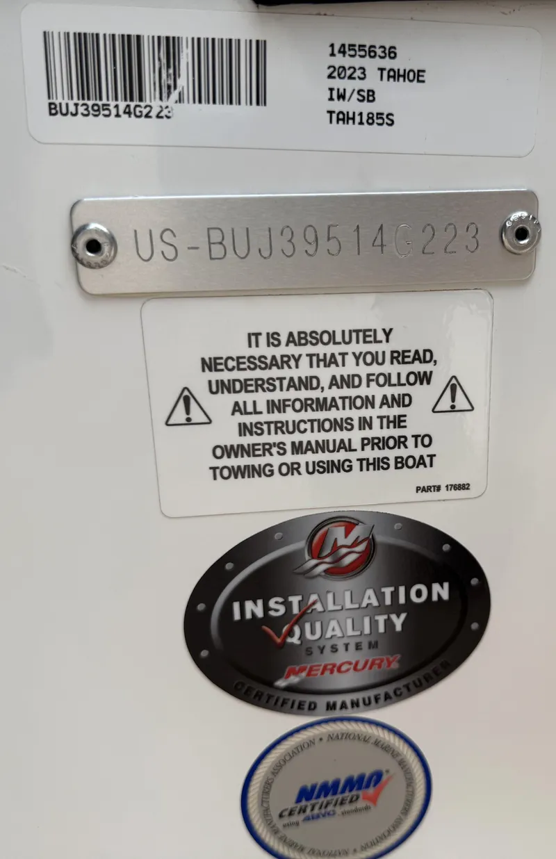 Slide: The Image of 2023 Tahoe 185 S boat identification and safety instructions with Mercury installation quality certification. - 9