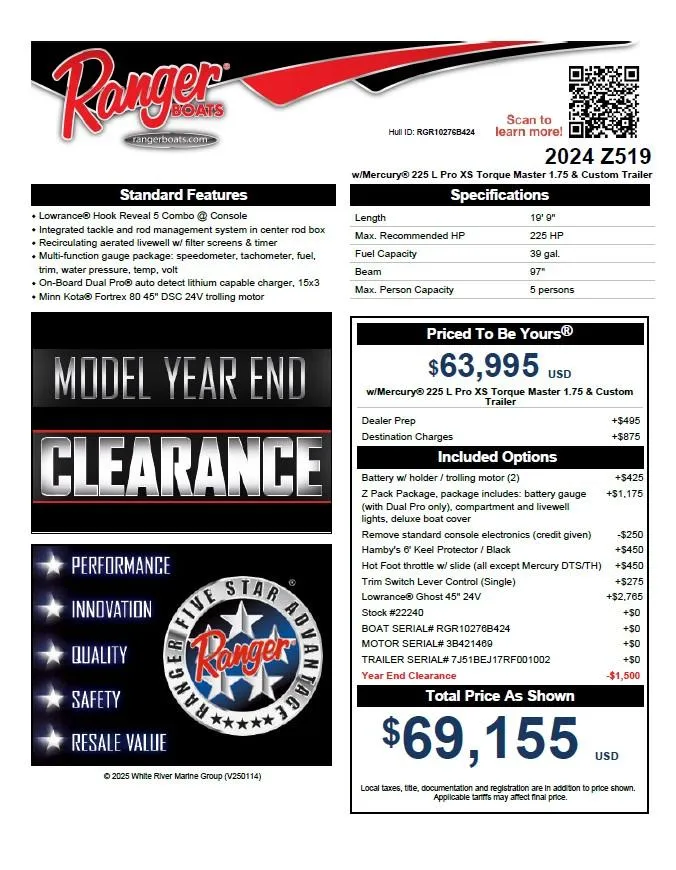 Slide: The Image of 2024 Ranger Z519 boat advertisement with specifications, pricing, and year-end clearance event details. - 34