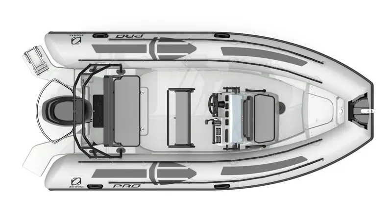 Slide: The Image of 2025 Zodiac Pro 5.5 inflatable boat, top view, showcasing seating and control layout. - 12