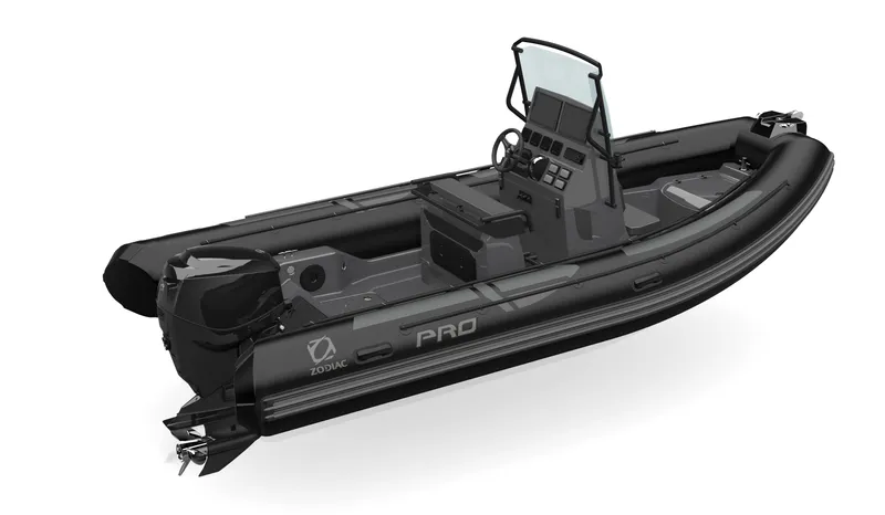Slide: The Image of 2025 Zodiac Pro 5.5 inflatable boat, sleek black design, advanced console, and durable construction. - 8