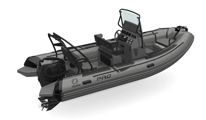 Slide: The Image of 2025 Zodiac Pro 5.5 inflatable boat with console and seating, side view. - 9