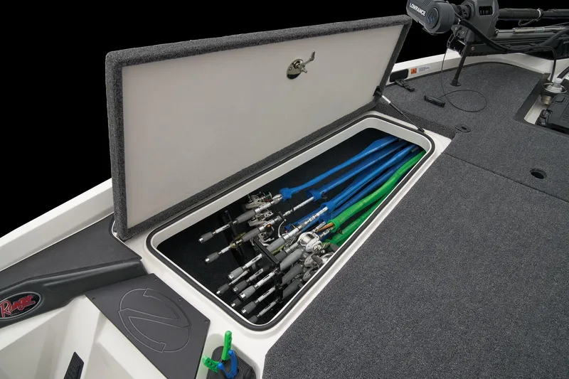 Slide: The Image of 2024 Ranger Z518 Cup-Equipped boat interior with blue and gray seating. - 19