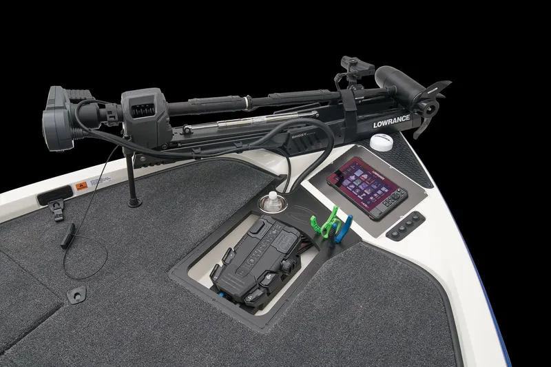 Slide: The Image of 2024 Ranger Z518 Cup-Equipped boat interior with blue and gray seating. - 22