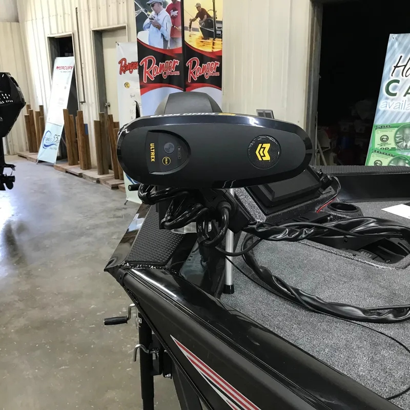 Slide: The Image of 2024 Ranger RT198P boat with Minn Kota Ultrex trolling motor in showroom. - 5