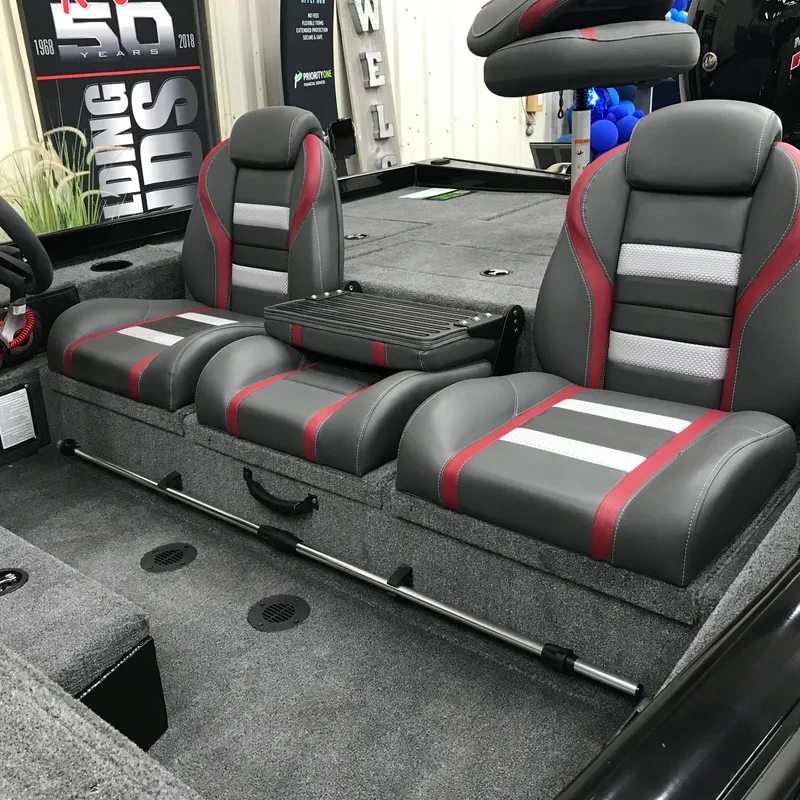 Slide: The Image of 2024 Ranger RT198P boat interior with gray and red seating. - 8