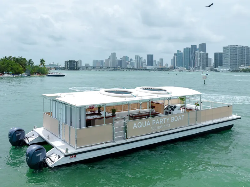 Slide: The Image of 2024 A&M Manufacturing BullDog 50 Aqua Party Boat cruising near city skyline. - 1