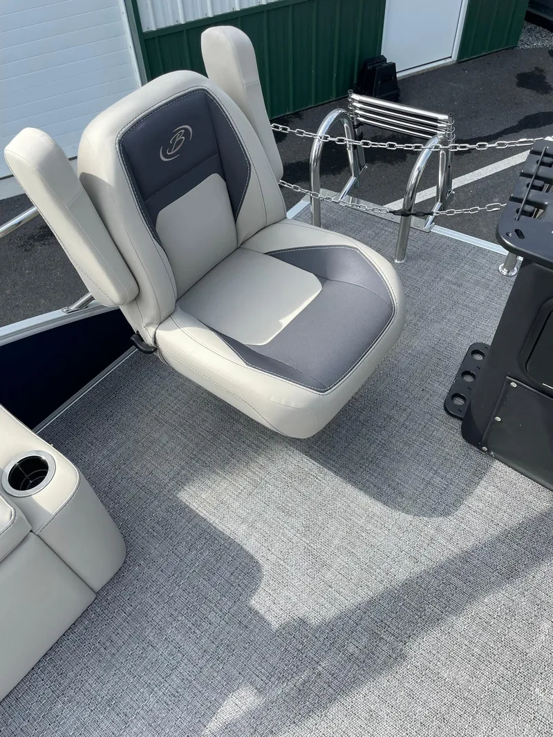 Slide: The Image of 2024 Barletta Aria 22CC boat seat with gray and white upholstery. - 13