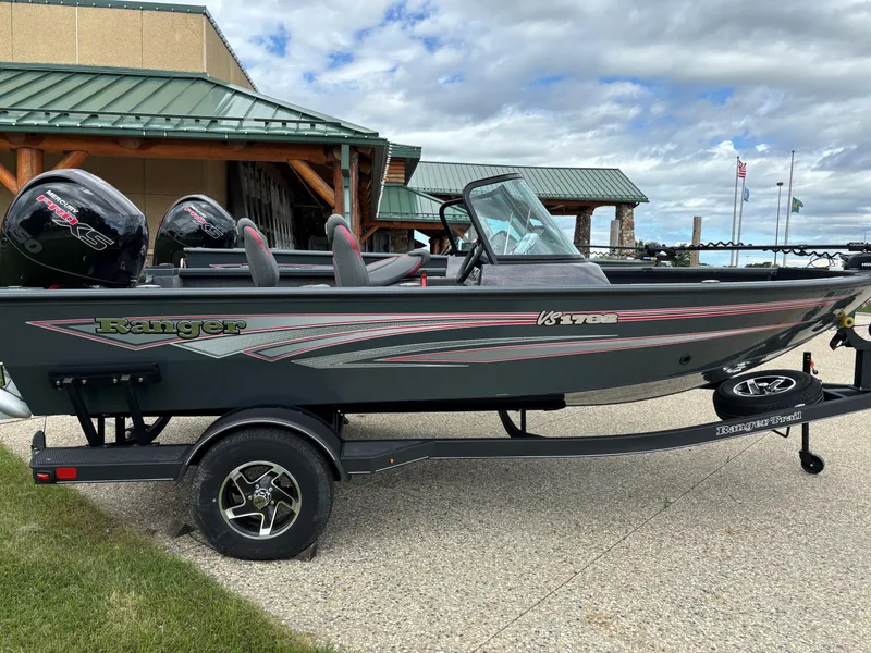 Slide: The Image of 2024 Ranger VS1782SC Angler fishing boat on a trailer. - 0