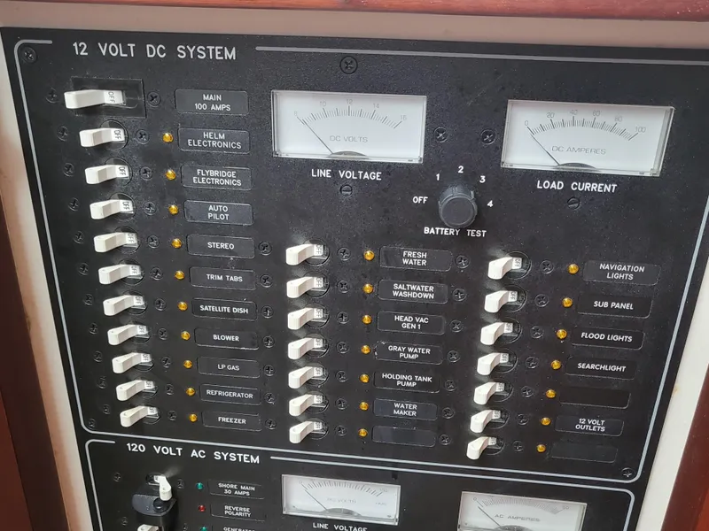 Slide: The Image of Control panel of a 2012 Crusader Boats outboard cruiser, showing 12V and 120V systems. - 22