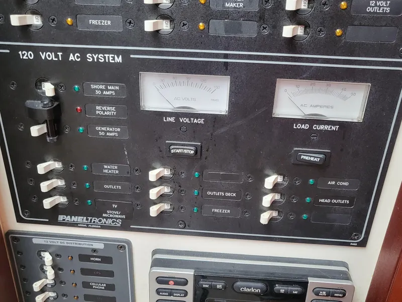 Slide: The Image of Control panel of a 2012 Crusader Boats outboard cruiser, featuring 120-volt AC system gauges. - 23