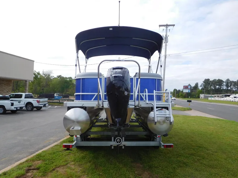 Slide: The Image of 2024 Bennington 20 SVSR pontoon boat with outboard motor, rear view. - 9