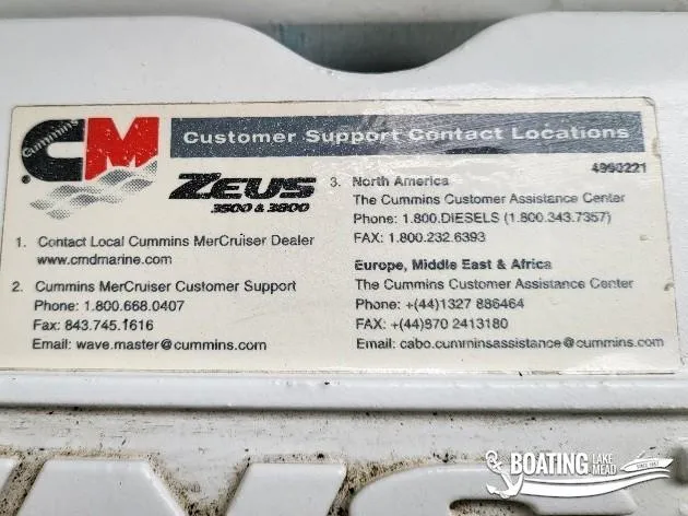 Slide: The Image of 2012 Sea Ray 450 Sundancer Cummins MerCruiser customer support contact information. - 42