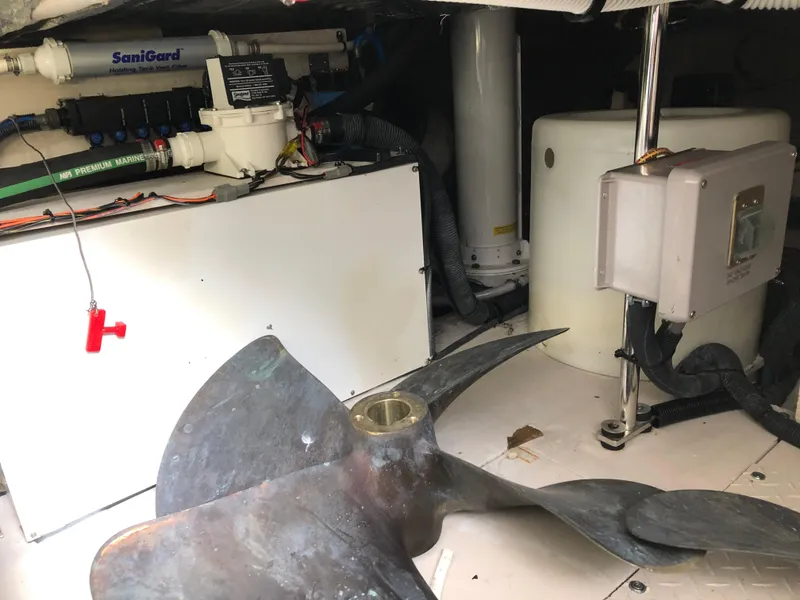 Slide: The Image of Engine room of a 2006 Sea Ray 52 Sedan Bridge yacht with propeller and equipment. - 49