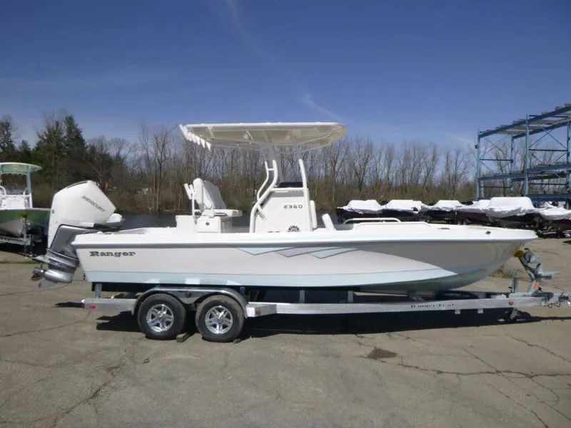 The Image of 2024 Ranger 2360 Bay boat on trailer, parked outdoors. - 0