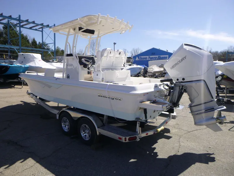 Slide: The Image of 2024 Ranger 2360 Bay boat with Mercury engine on trailer in marina. - 3