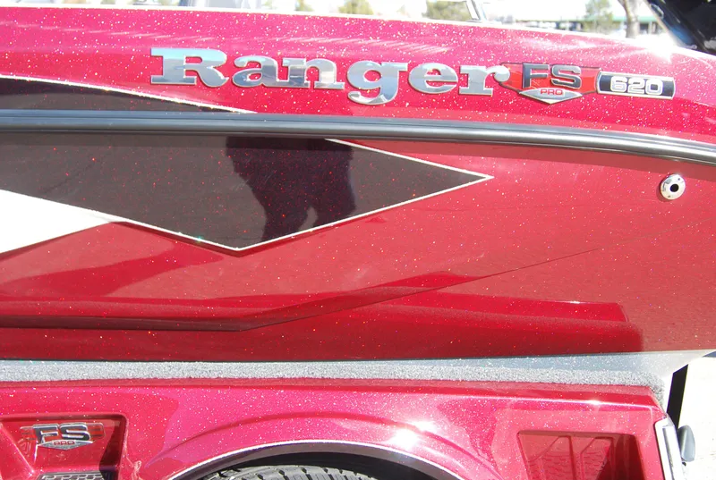 Slide: The Image of 2024 Ranger 620FS Pro boat in red with logo and model details. - 2