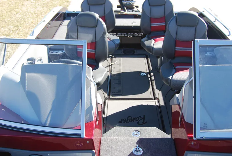 Slide: The Image of 2024 Ranger 620FS Pro boat interior with seating and windshield. - 9