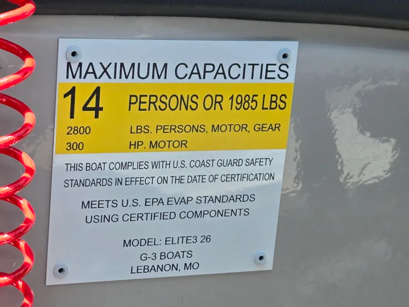 Slide: The Image of Capacity label for 2024 SunCatcher Elite 326 SS boat, 14 persons or 1985 lbs. - 11