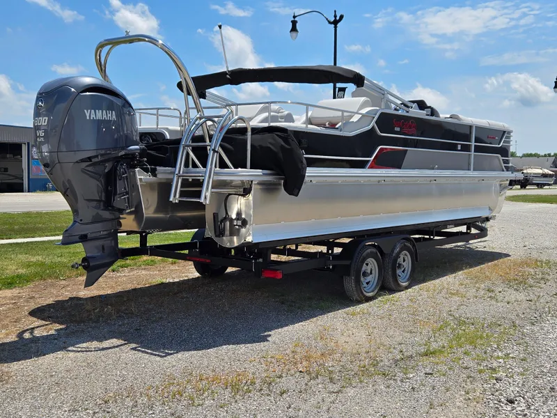 Slide: The Image of 2024 SunCatcher Elite 326 SS pontoon boat with Yamaha engine on trailer. - 3