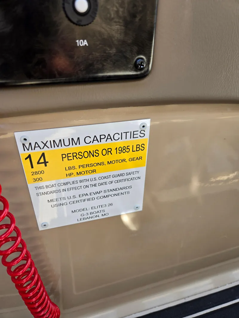 Slide: The Image of Capacity label on 2024 SunCatcher Elite 326 SE, max 14 persons or 1985 lbs. - 12